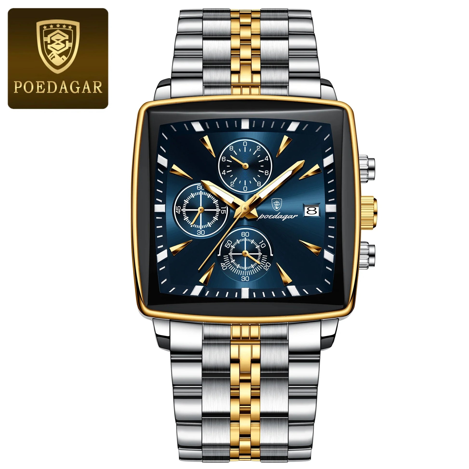 Luxury men's luminous waterproof chronograph wristwatch featuring a square stainless steel case and quartz movement, showcasing a sophisticated design suitable for fashion and casual wear.