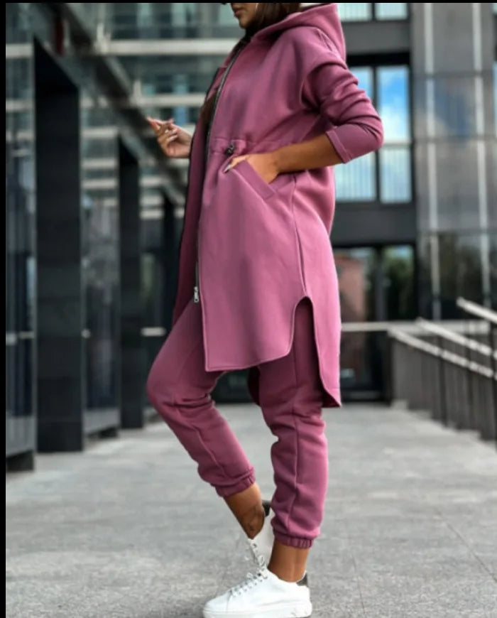 Luxury women's hooded zipper long coat tracksuit, featuring regular fit and ankle-length pants, perfect for office style and autumn/winter wear.