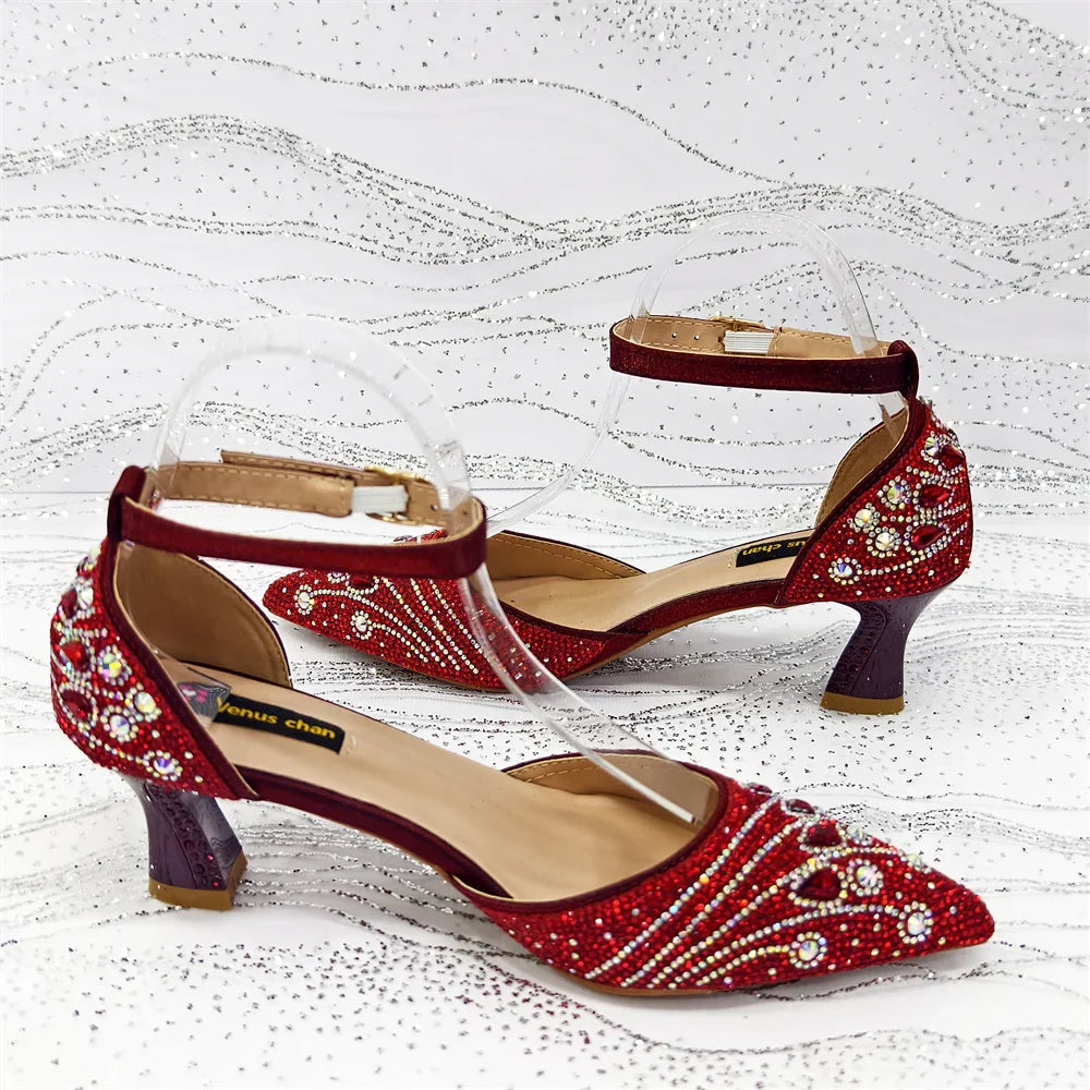 Complete elegant look showcasing the women's rhinestone pumps paired with a fashionable handbag.