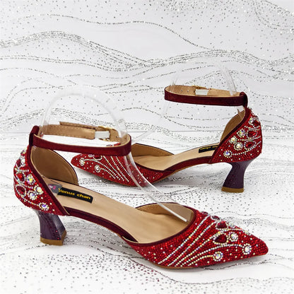 Complete elegant look showcasing the women's rhinestone pumps paired with a fashionable handbag.
