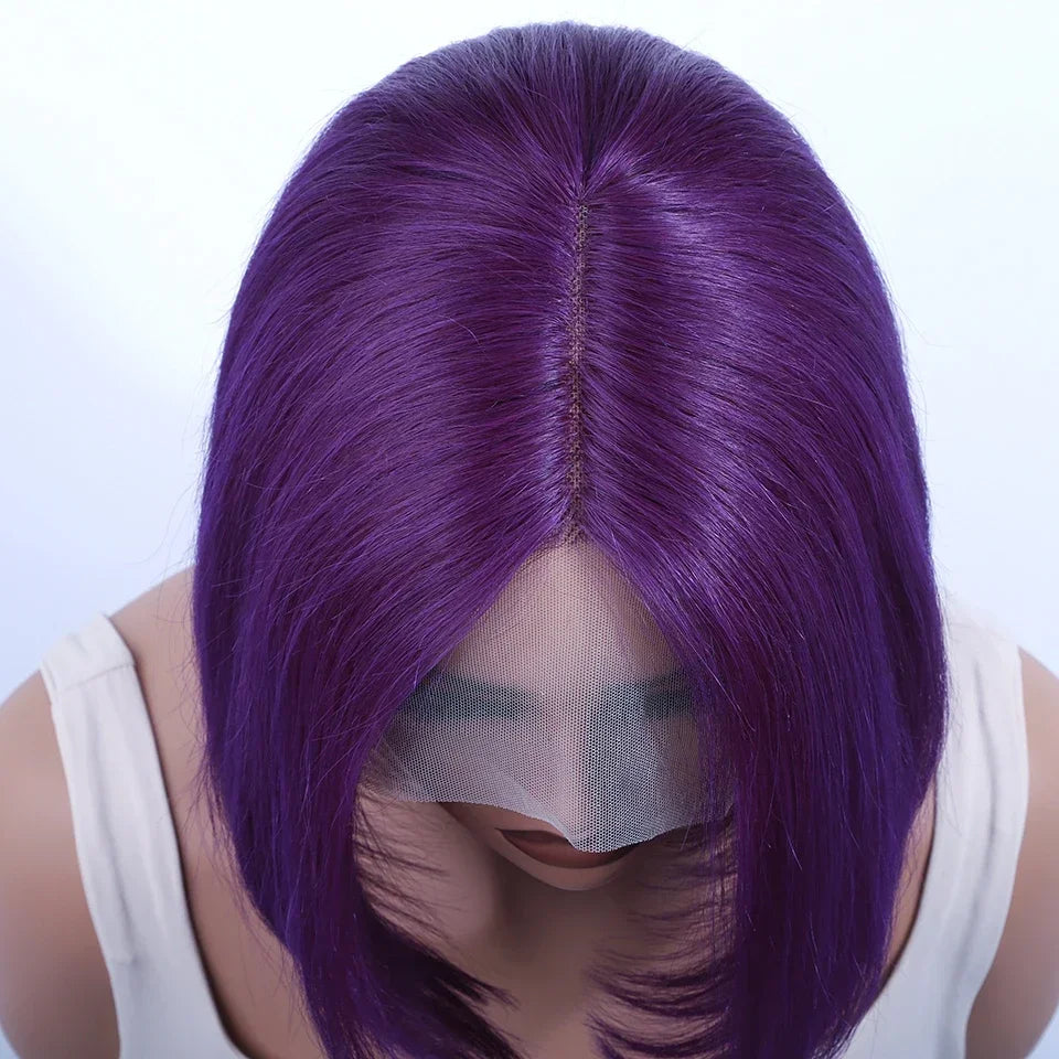 Detailed image of the transparent Swiss lace on the Brazilian purple bob wig, illustrating its breathable and comfortable fit.