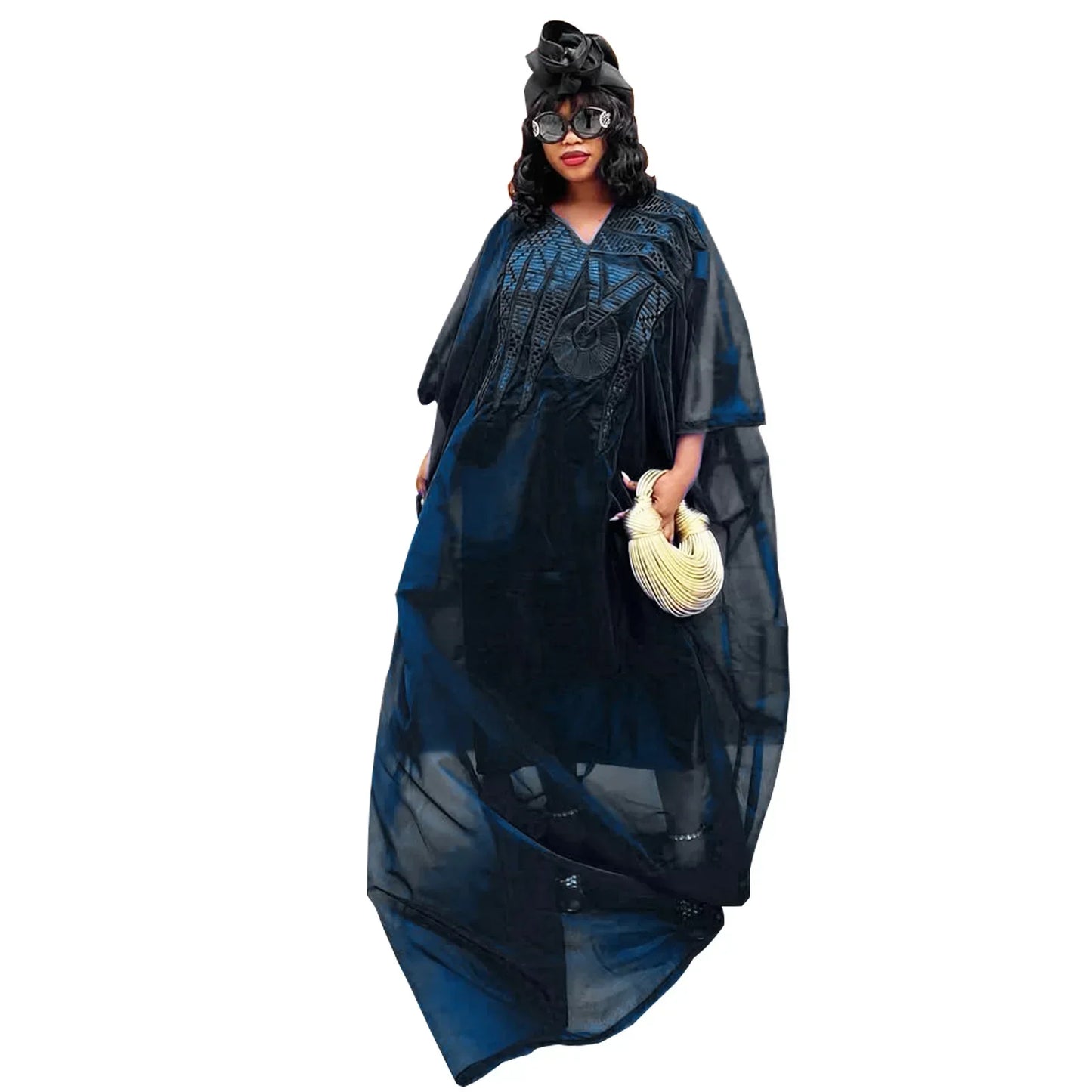 Refined plus size African dress with detailed embroidery, showcasing a sophisticated design ideal for special occasions.