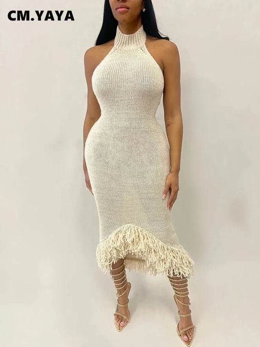 Elegant CM.YAYA Women’s Sleeveless Tassel Bodycon Dress featuring O-Neck design, perfect for evening occasions.