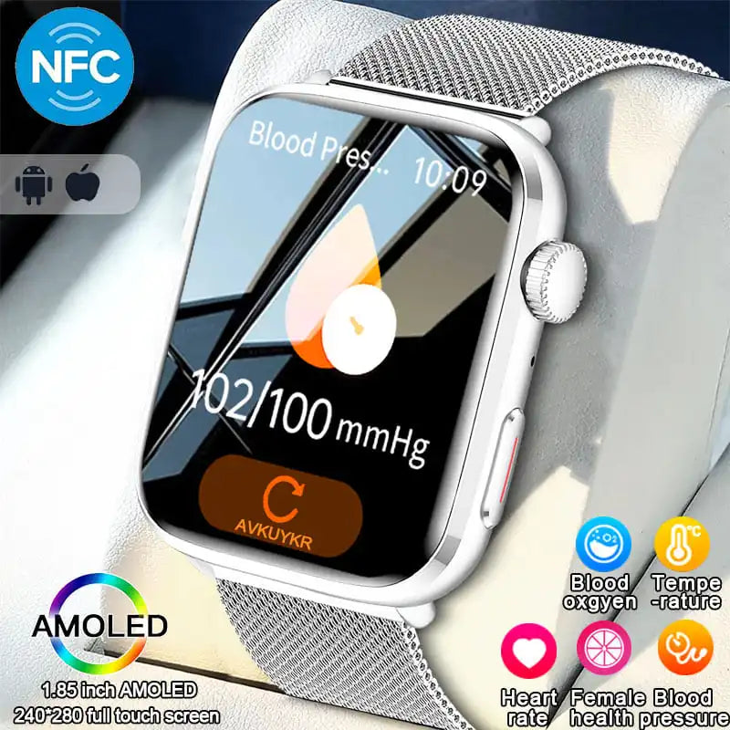 Luxury AI Diagnosis NFC Smart Watch for Women showcasing a 1.85-inch AMOLED display, heart rate, blood pressure, and temperature monitoring features, designed for elegance and health tracking.