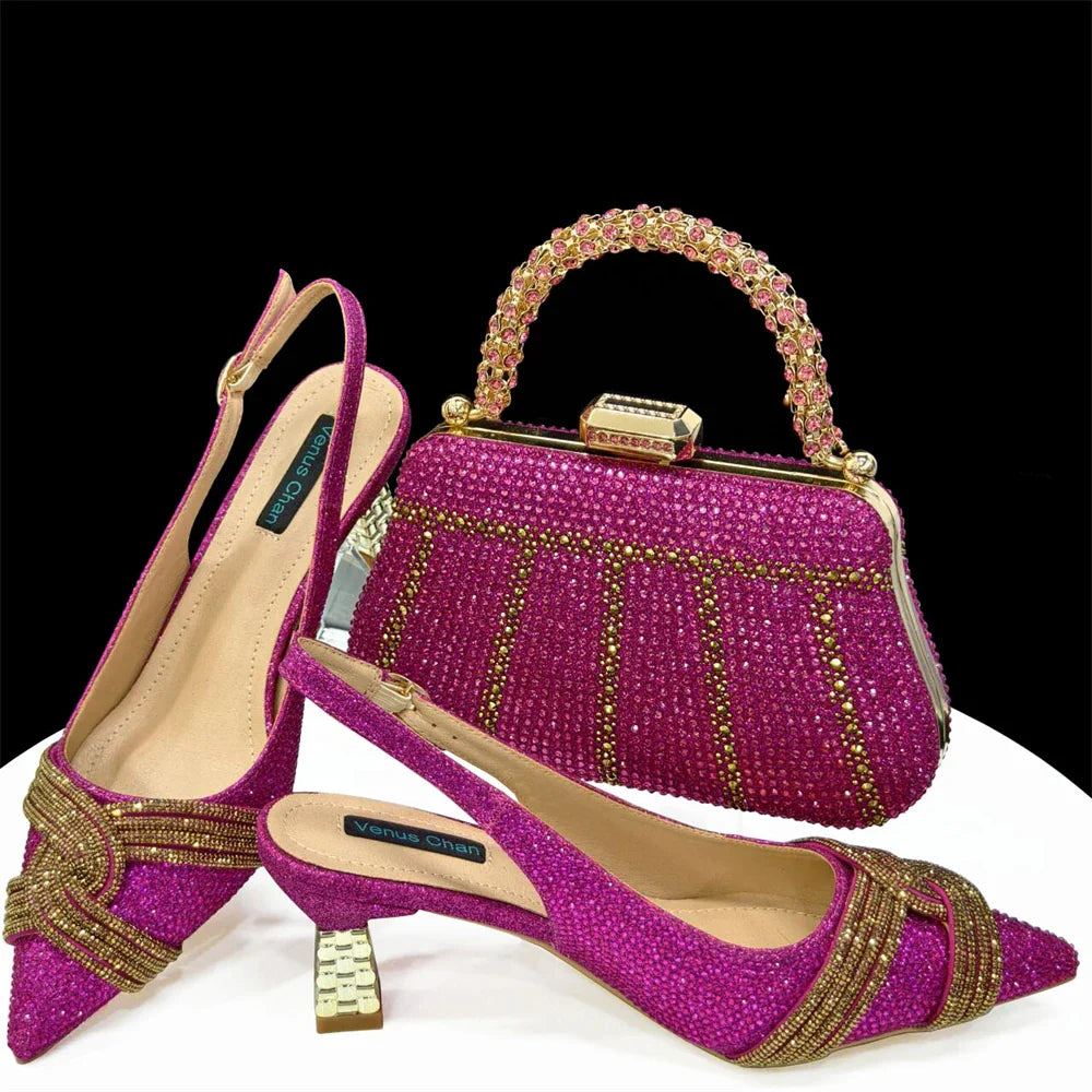 Complete Venus Chan champagne rhinestone shoe and bag set for women, combining style and sophistication for wedding and party occasions.