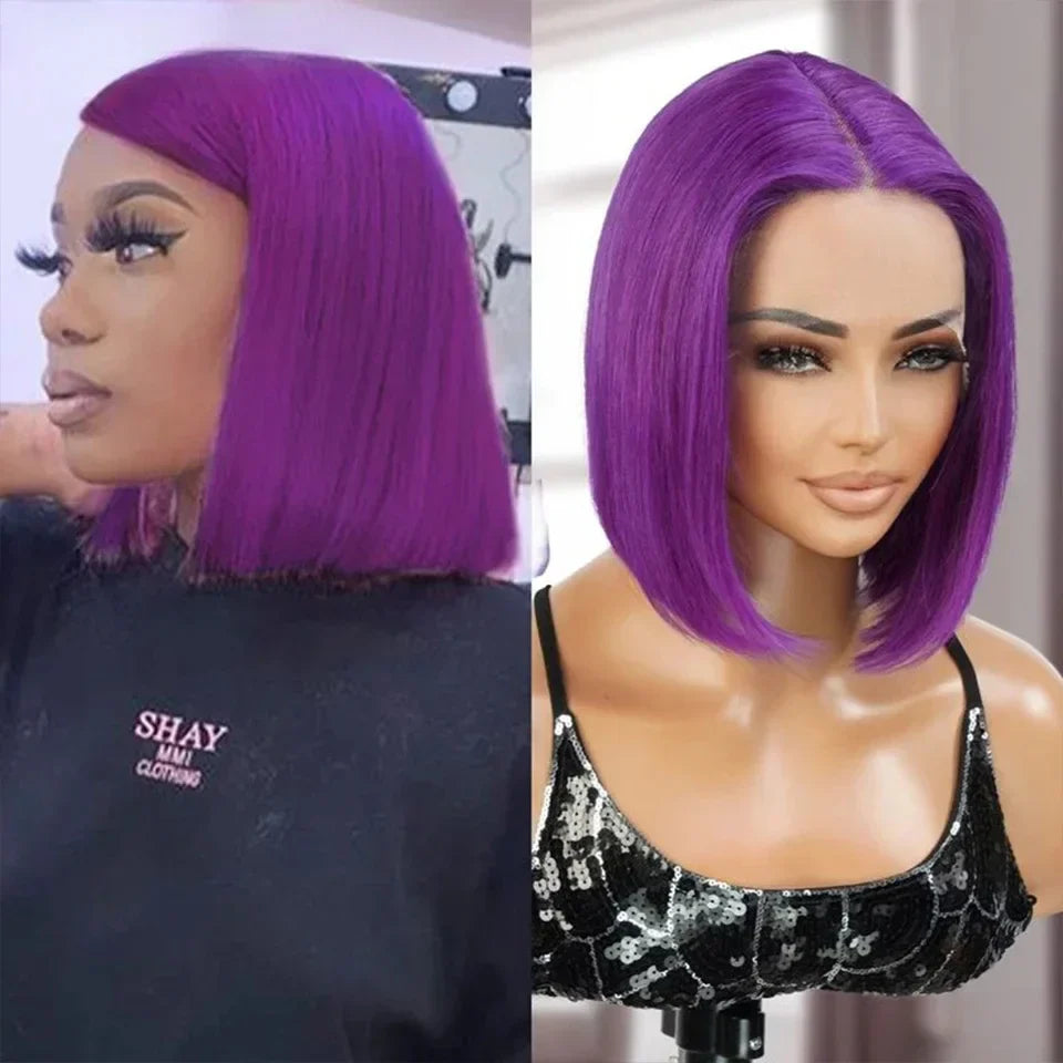 Stylish Luxury Brazilian Human Hair Wig in Purple, designed with 13x5x1 Transparent Swiss Lace for a refined and sophisticated appearance.