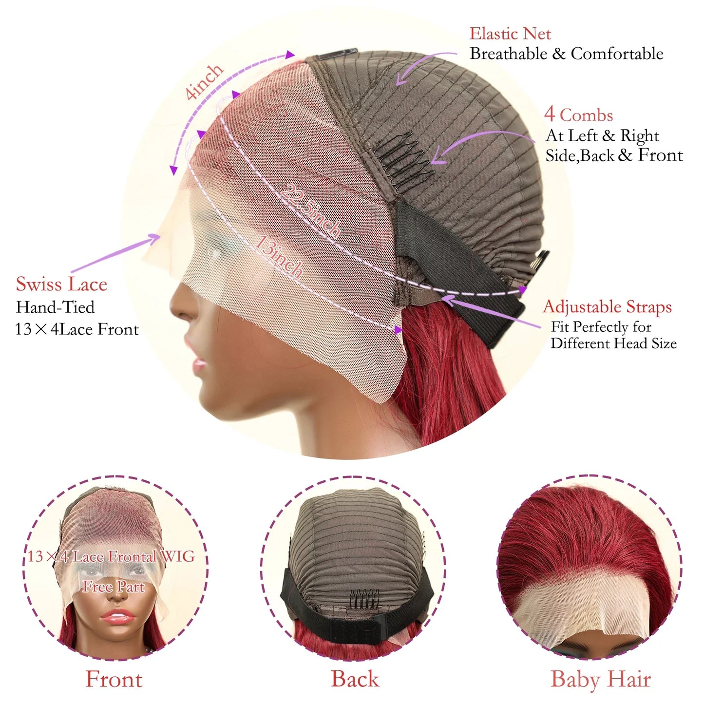 Luxurious 99J Burgundy 13x4 Bob Straight Pre Plucked Human Hair Wig showcases stunning deep burgundy tones, expertly crafted from Brazilian Remy hair with transparent lace for an elegant finish.