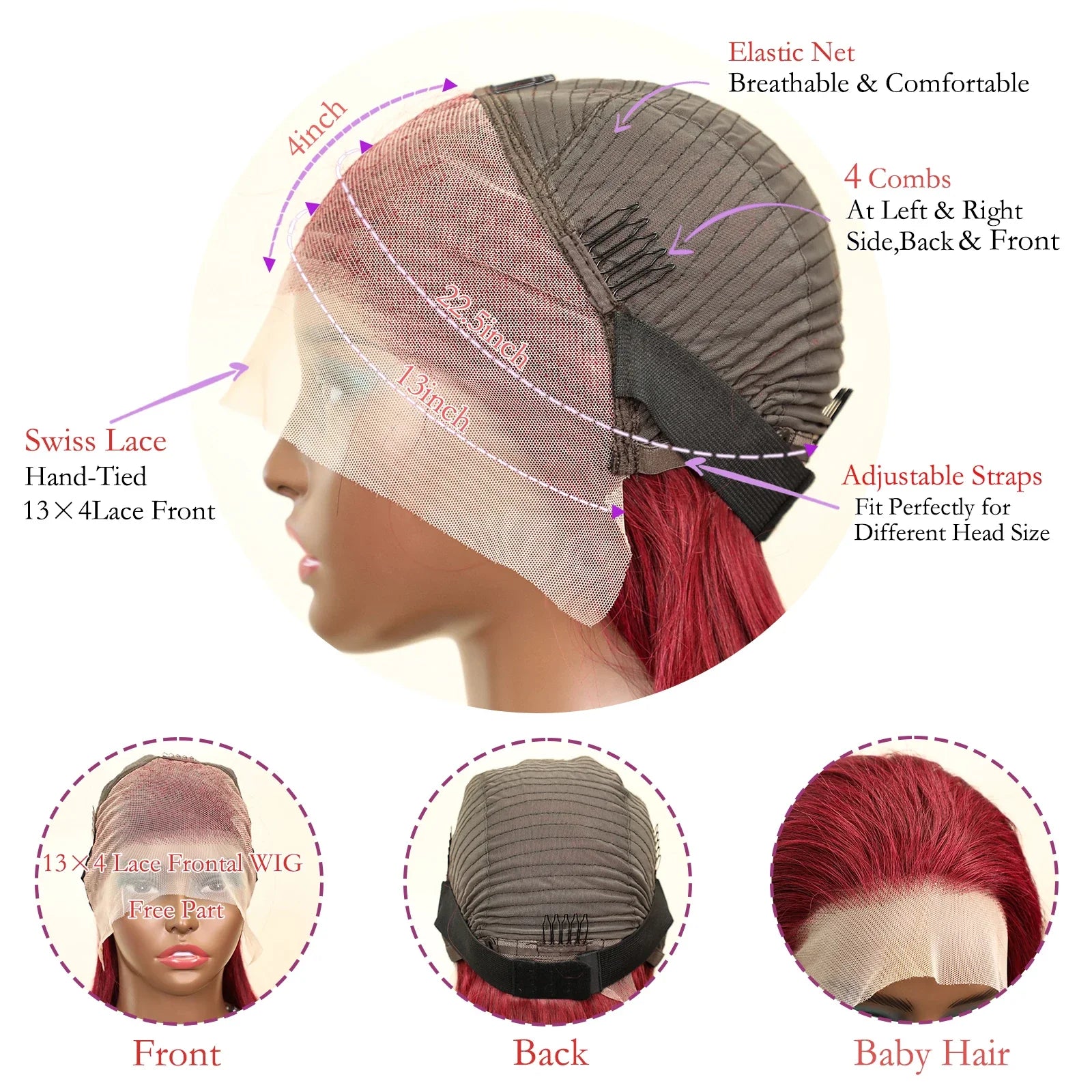 Luxurious 99J Burgundy 13x4 Bob Straight Pre Plucked Human Hair Wig showcases stunning deep burgundy tones, expertly crafted from Brazilian Remy hair with transparent lace for an elegant finish.