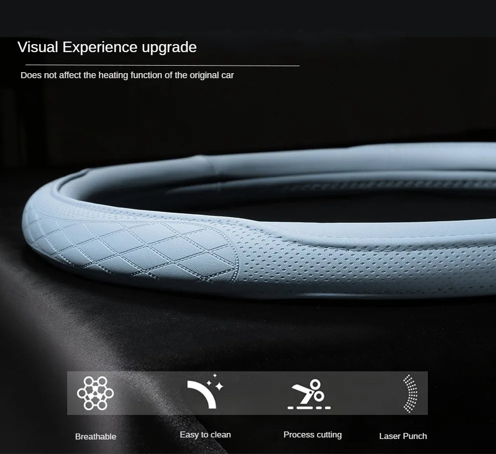 Exquisite design of the Napa leather perforated steering wheel cover, showcasing a perfect fit and non-slip grip, tailored for discerning car enthusiasts.