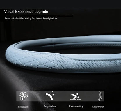 Exquisite design of the Napa leather perforated steering wheel cover, showcasing a perfect fit and non-slip grip, tailored for discerning car enthusiasts.