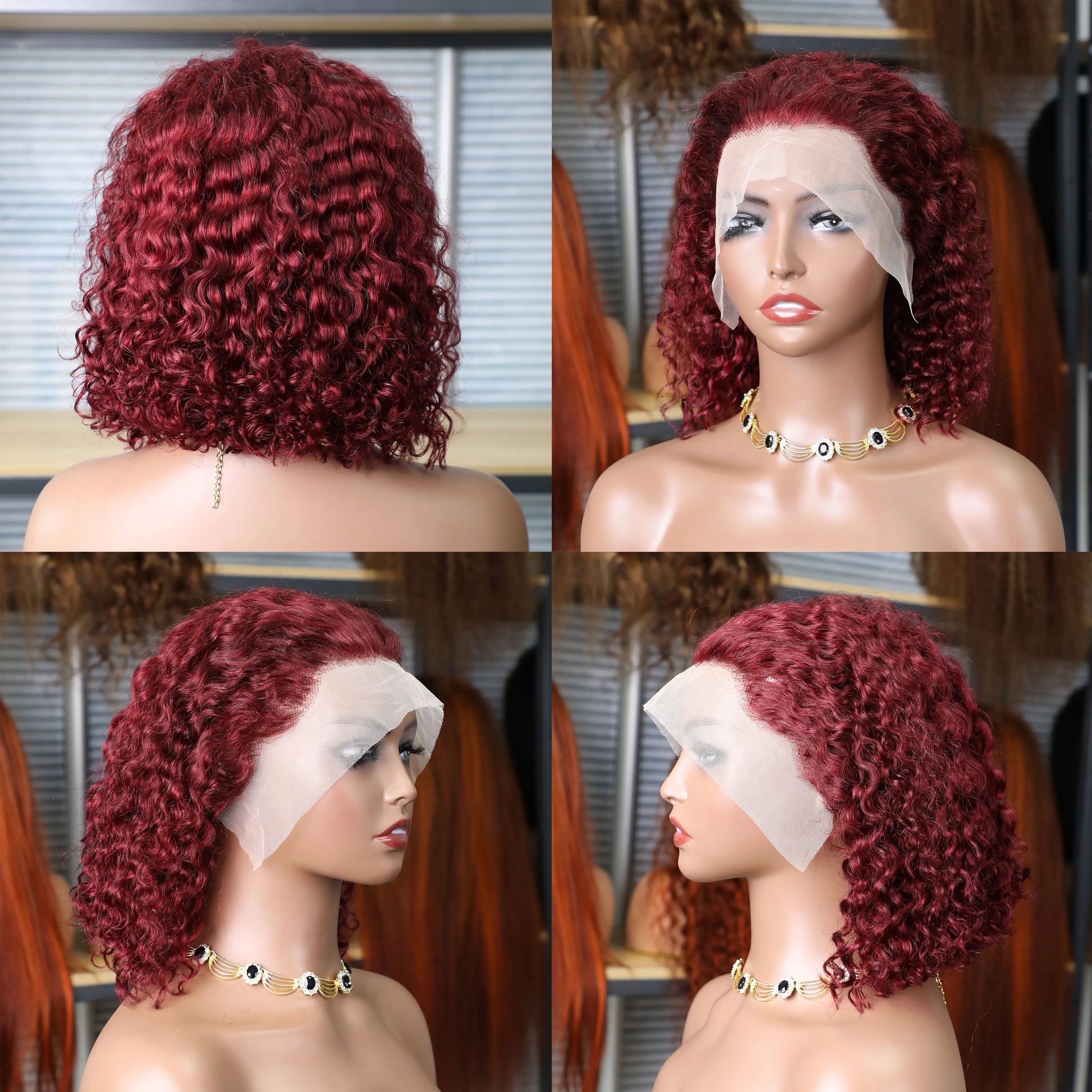 99J Burgundy 14-inch Water Wave Bob Wig featuring Brazilian Remy Human Hair with Pre Plucked Transparent Lace for a natural look.