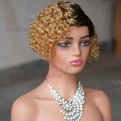 Chic Ombre Blonde T1B27 Curly Bob Wig embodying fashionable short length and side part, perfect for effortless elegance and crafted from high-quality Brazilian hair.