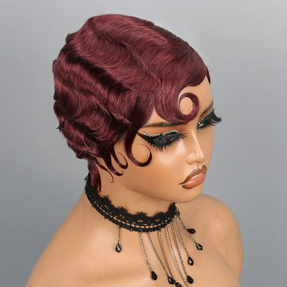 Chic styling possibilities with the Luxurious 180% Density Finger Wave Pixie Wig, emphasizing its versatility and glamour.