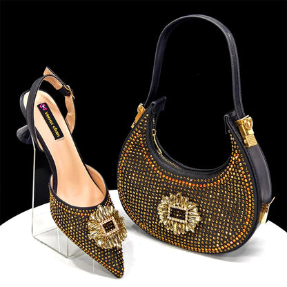 Stylish handbag with a metal handle, designed to complement elegant women's party shoes, showcasing a sophisticated bling fashion element for a luxurious look.