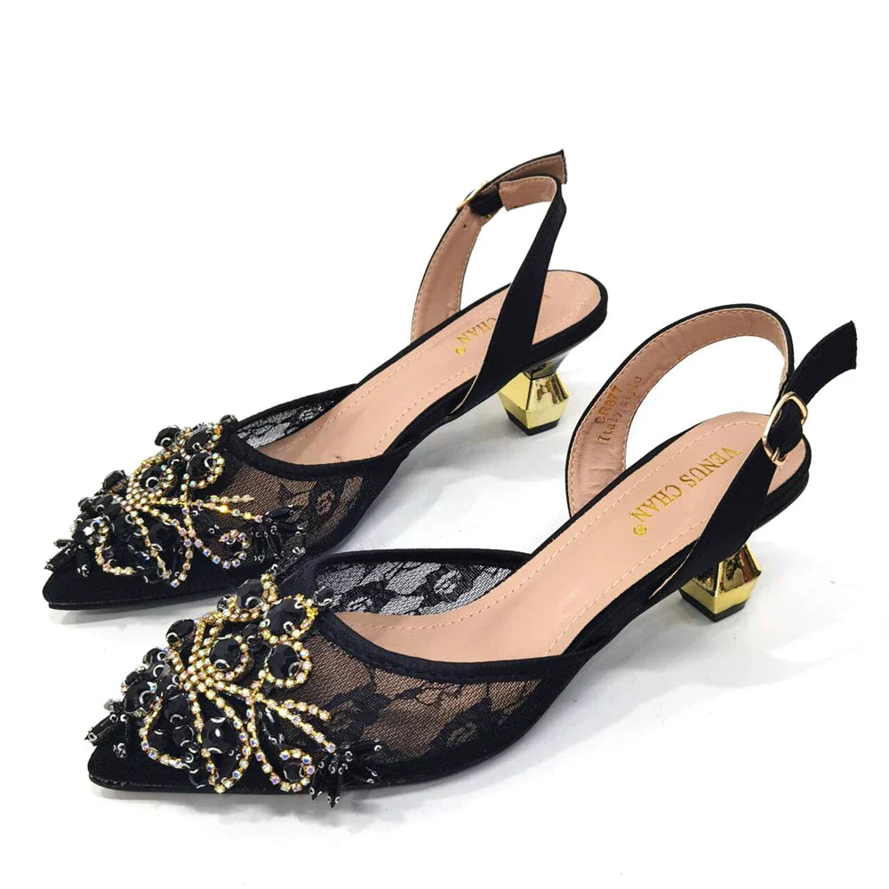 Fashionable ensemble featuring luxurious green lace low heel shoes paired with a chic mini bag, ideal for women's evening wear.