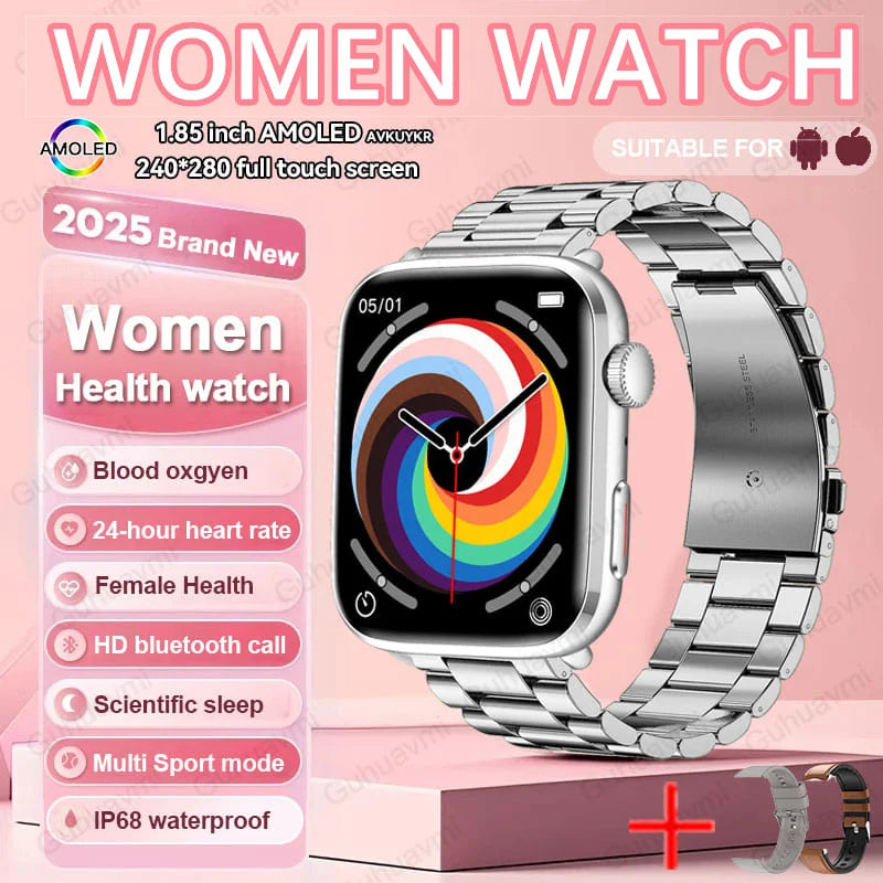 Luxurious AI Diagnosis NFC Smart Watch for Women with 1.85 Inch AMOLED Screen, designed for heart rate and blood pressure monitoring.