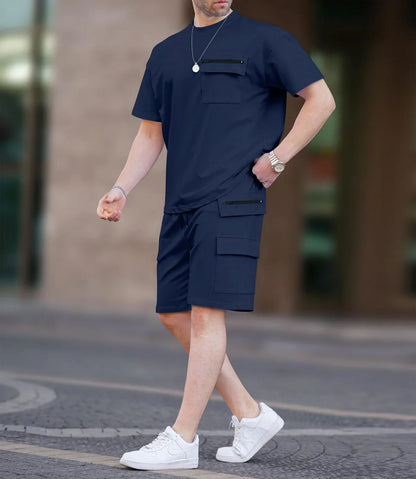 Luxuriously crafted Men's Casual Short Sleeve Multi-Pocket Utility T-Shirt and Shorts Set, perfect for summer outings.