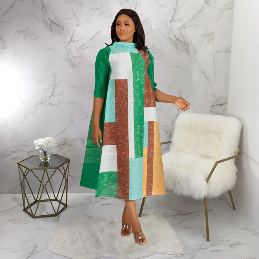 Vibrant African Plus Size dress featuring an elegant O-Neck and intricate pleating, ideal for celebrating heritage with style.