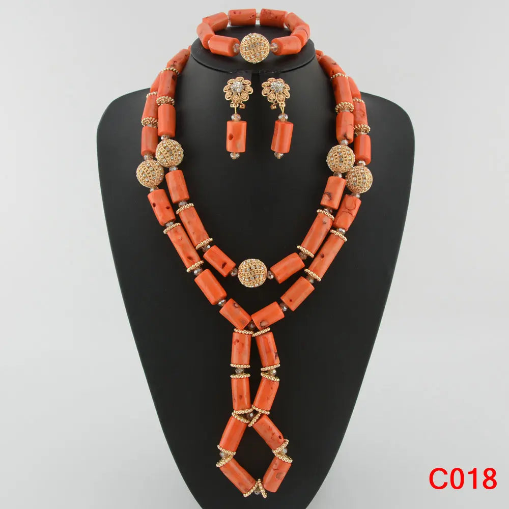Luxury coral bead necklace set displayed elegantly on a velvet background, showcasing a stunning Nigerian Dubai style design, perfect for weddings and parties.
