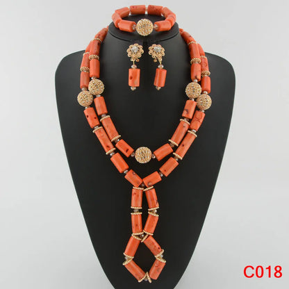 Luxury coral bead necklace set displayed elegantly on a velvet background, showcasing a stunning Nigerian Dubai style design, perfect for weddings and parties.