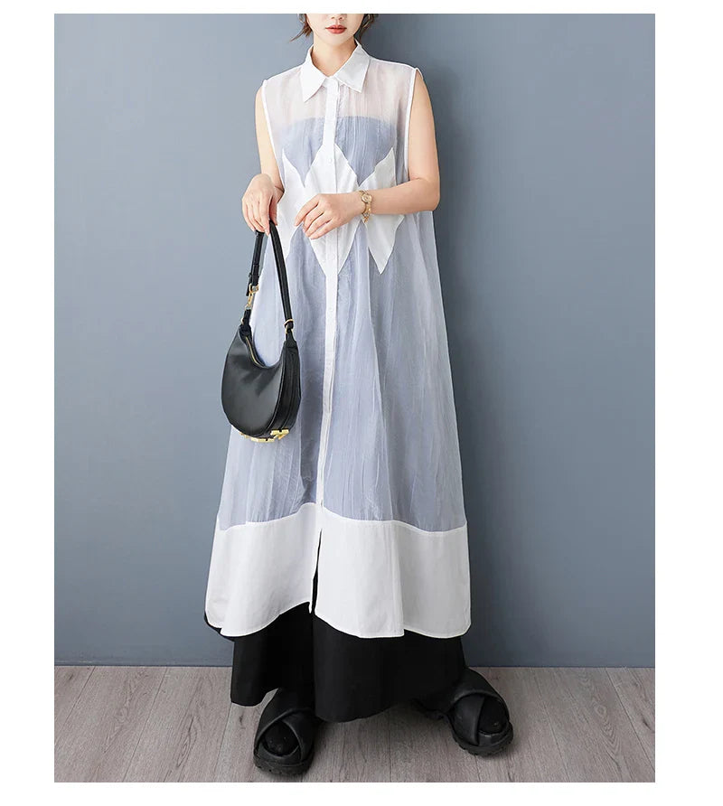 Fashion-forward sleeveless design of NYFS Casual Dress, exemplifying Korean style with a solid pattern and regular sleeve style for a modern look.