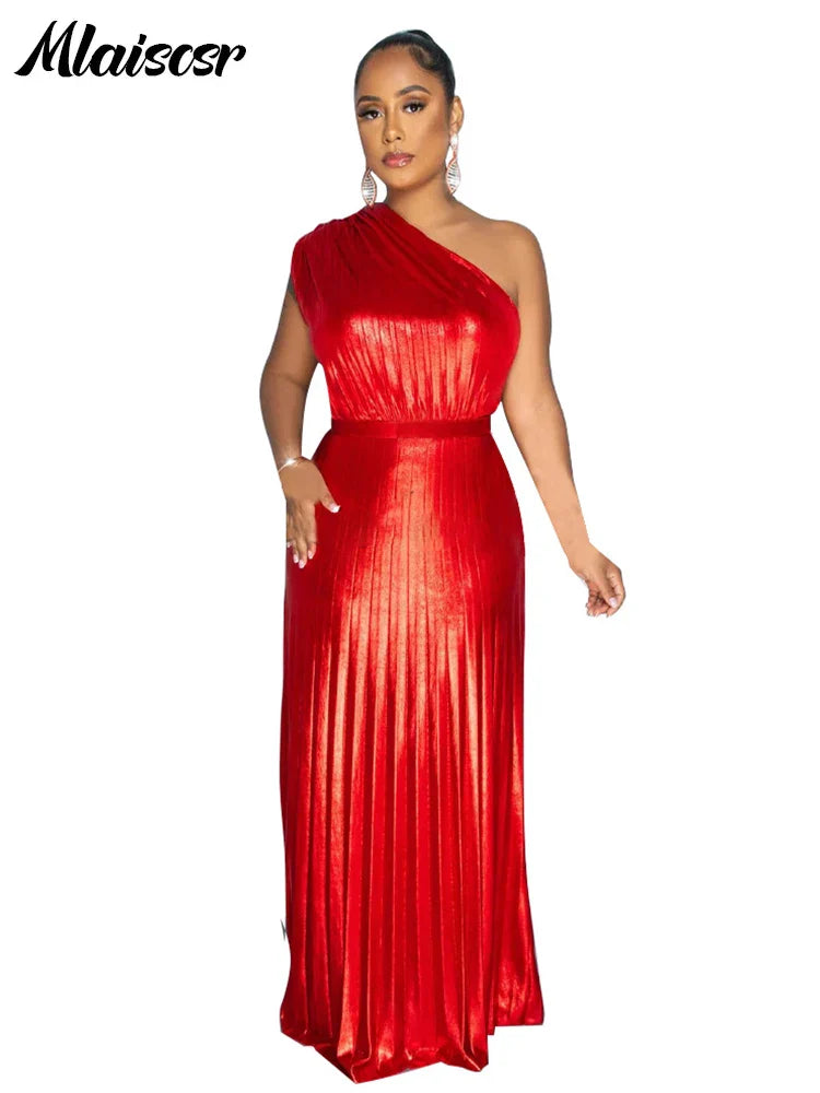 Gorgeous floor-length gold evening gown with one-shoulder silhouette, highlighting luxury and style for women.