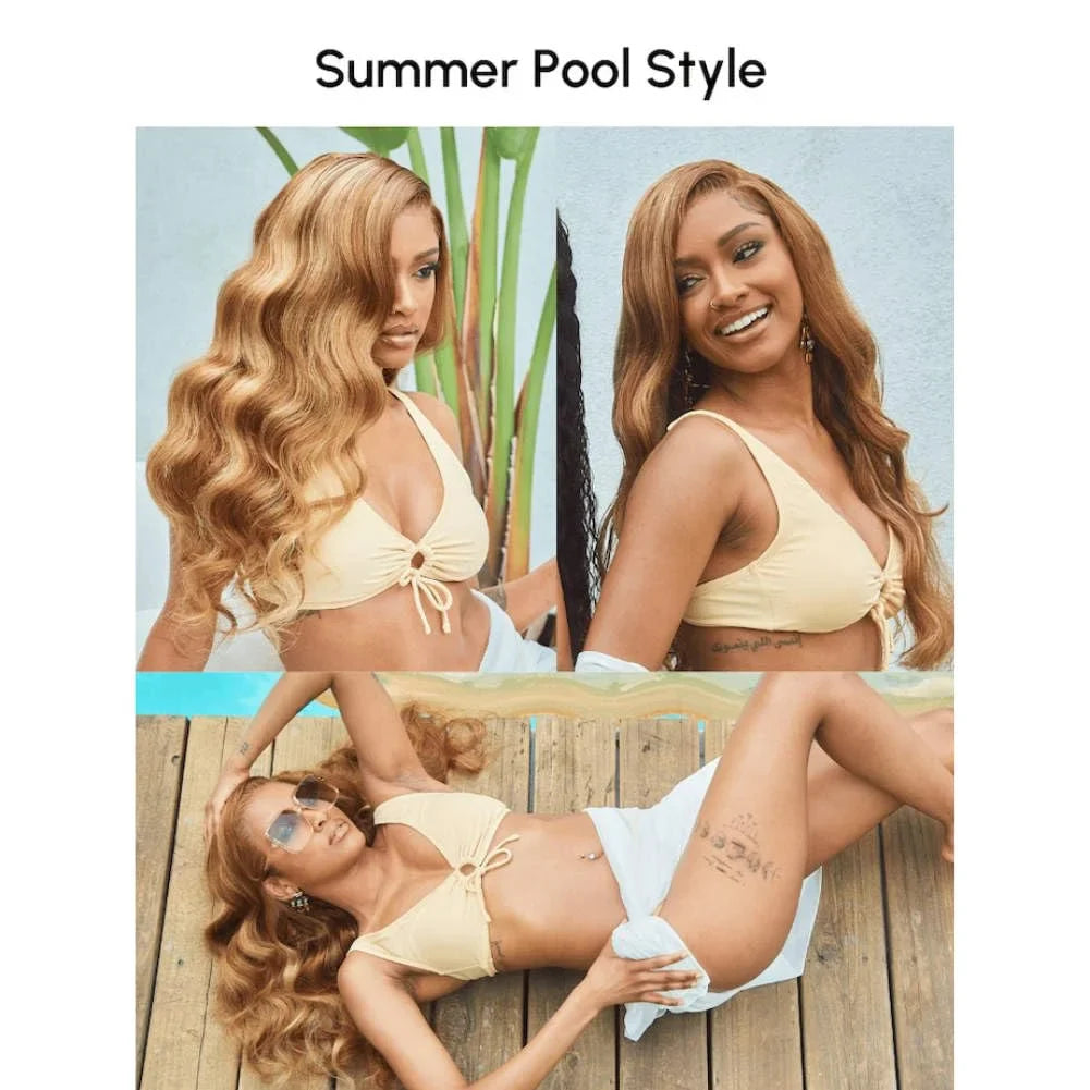 Close-up on the light brown lace of the body wave ombre lace front wig, highlighting its premium quality and comfortable wear.