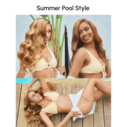 Close-up on the light brown lace of the body wave ombre lace front wig, highlighting its premium quality and comfortable wear.