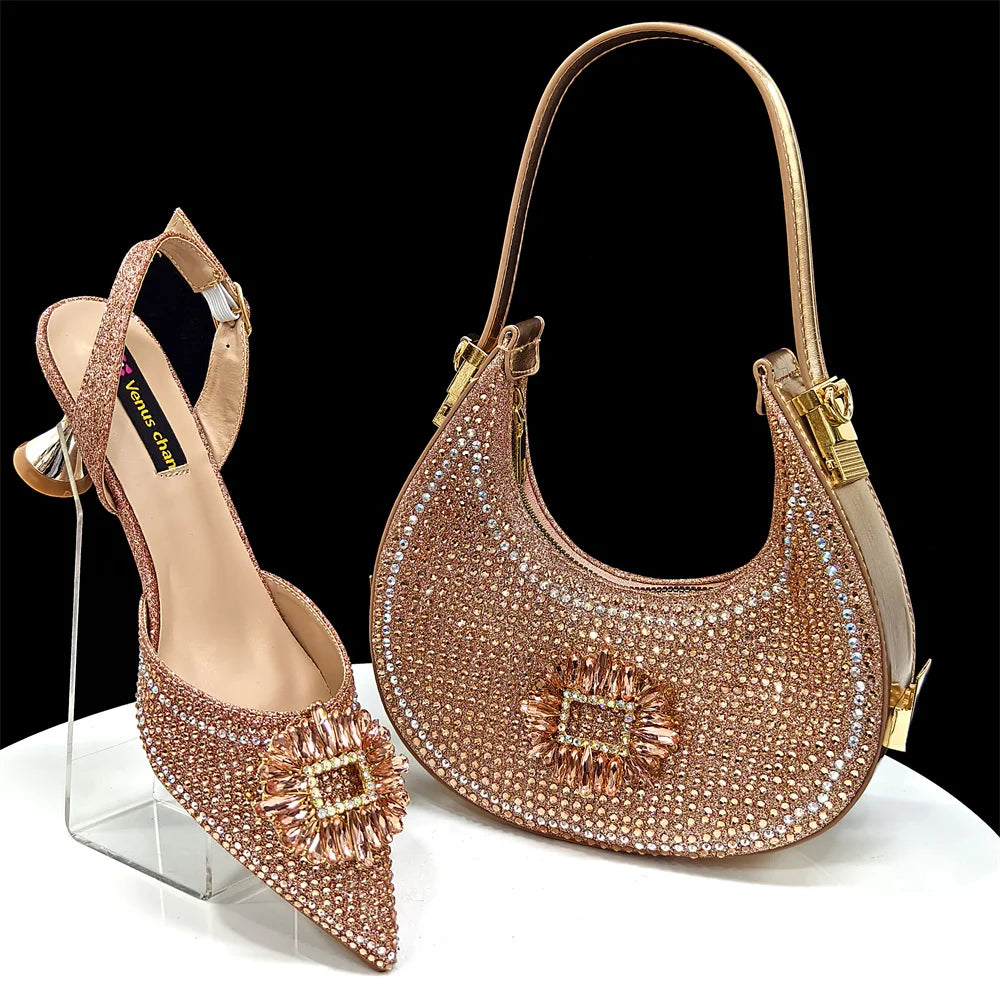 Chic women's shoe and bag set arranged elegantly, exemplifying high-fashion style for women attending parties or weddings.