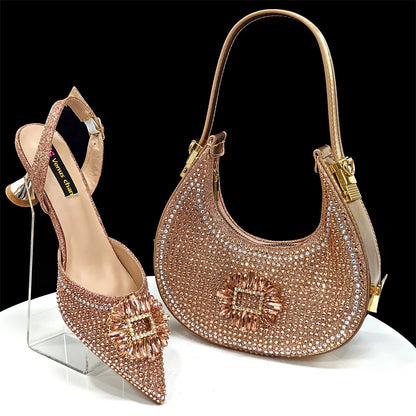 Elegant metal handle handbag in stunning sky blue, perfectly paired with women's heeled pumps, showcasing a sophisticated and fashionable accessory set.