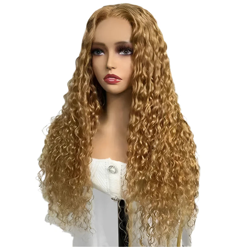 Honey blonde water wave 4x4 lace front wig made from 100% Indian Remy human hair, featuring transparent lace for a natural, seamless look.