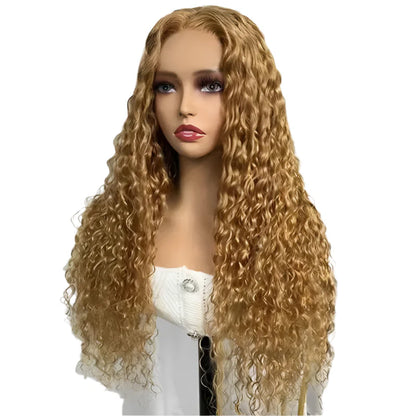 Honey blonde water wave 4x4 lace front wig made from 100% Indian Remy human hair, featuring transparent lace for a natural, seamless look.