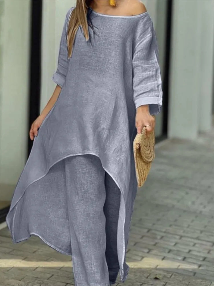 Elegant women's casual cotton-linen two-piece set featuring an asymmetrical top, elegant design for autumn and winter.