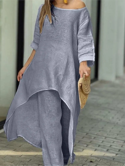 Elegant women's casual cotton-linen two-piece set featuring an asymmetrical top, elegant design for autumn and winter.