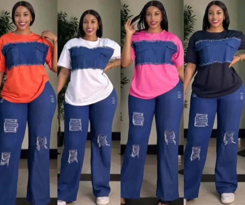 Elegant chic African Dashiki denim set for women featuring short sleeve top and fitted jeans, perfect for summer fashion.