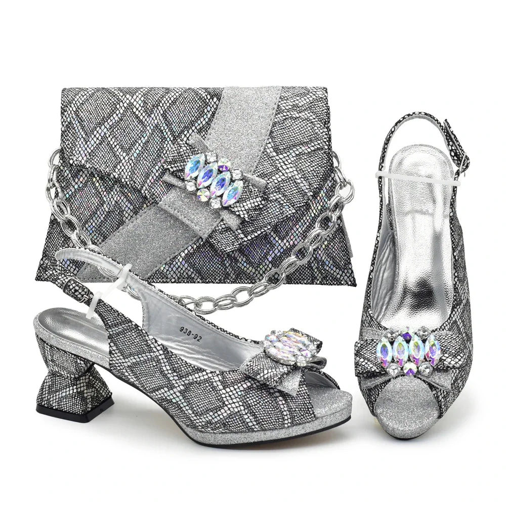 Glamorous high heel shoes with floral pattern and sparkling rhinestones, set against a backdrop of luxurious Italian design.