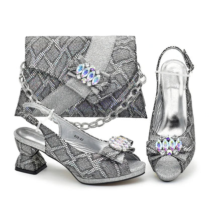 Glamorous high heel shoes with floral pattern and sparkling rhinestones, set against a backdrop of luxurious Italian design.