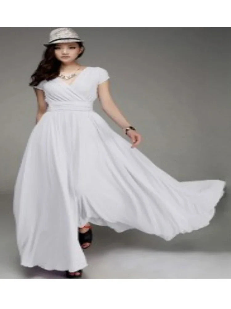 Elegant women's bodycon chiffon dress in solid black, featuring short sleeves and a flattering V-neckline, perfect for sophisticated spring/summer occasions.