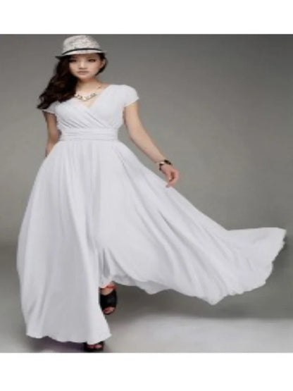 Elegant women's bodycon chiffon dress in solid black, featuring short sleeves and a flattering V-neckline, perfect for sophisticated spring/summer occasions.