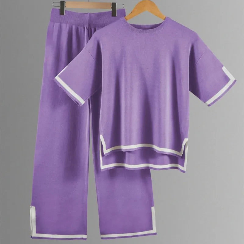 Complete look of the elegant two-piece women's knitted trousers suit displayed on a model, highlighting the harmonious blend of comfort and luxury in summer wear.