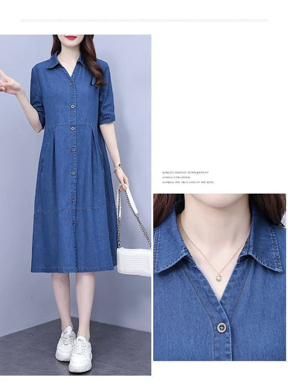 Stylish pockets detail of the oversized 5XL casual denim dress, showcasing a luxurious cotton blend fabric ideal for summer wear.