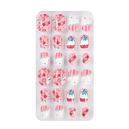Luxurious presentation of a kids' acrylic false nail set, showcasing an assortment of candy flower designs tailored for fashionable girls.
