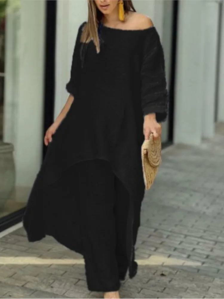 Wide leg cargo pants from the Women's Casual Cotton Linen Two Piece Set, offering a chic and comfortable fit with an elastic waist.