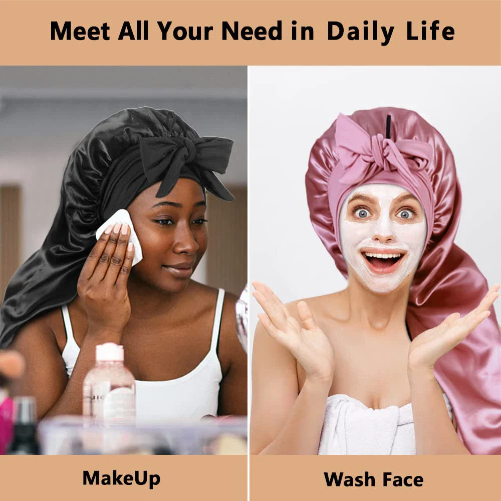 Chic and stylish satin bonnet with adjustable tie, ideal for maintaining healthy hairstyles, perfect for both natural and curly hair.