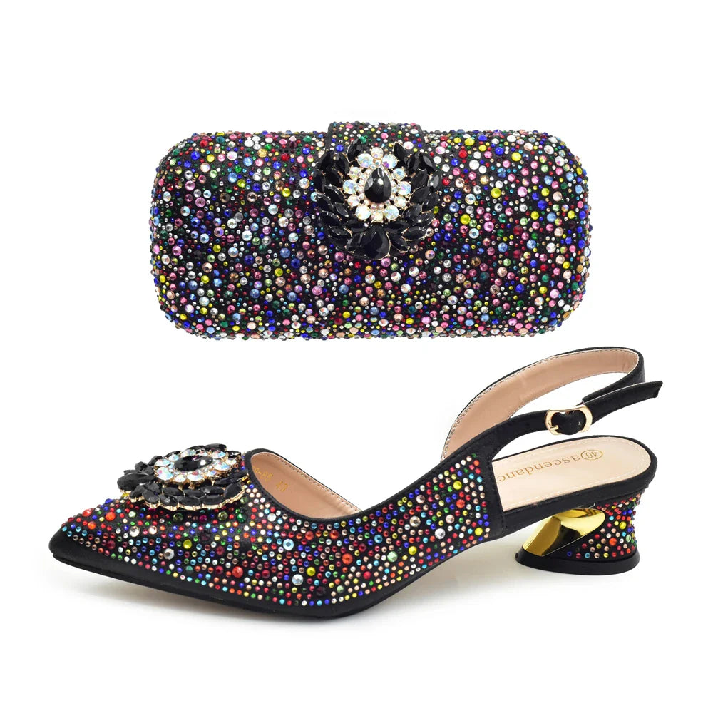 Chic green Italian women's rhinestone pumps paired with a stylish matching handbag, excellent for parties and weddings, offered in sizes 38-43.