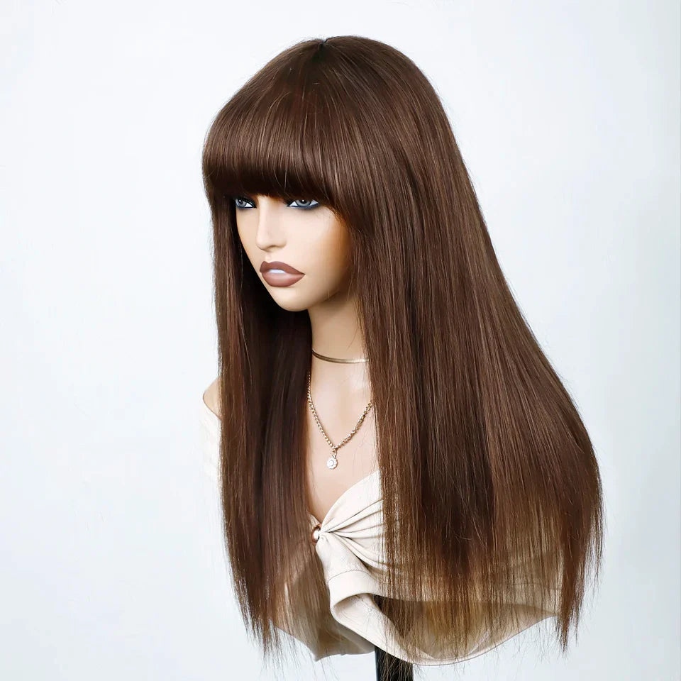 Chic design of Brazilian straight wig with bangs in a stunning red burgundy shade, ideal for special occasions and everyday glamour.