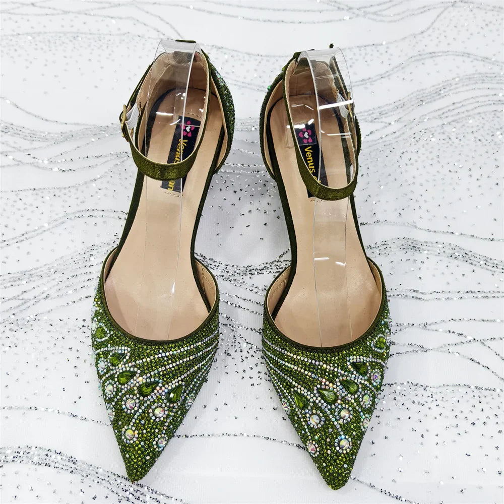 Close-up of the intricate rhinestone detail on women's elegant pointed toe pumps, highlighting exquisite craftsmanship and luxury fashion.