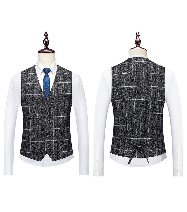 Men's one button suit set with vest and trousers, perfect for smart casual and wedding attire, showcasing a luxurious design.