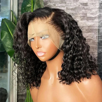 Elegant Vietnamese 100% human hair 13x4 lace frontal bob wig showcasing beautiful natural black water wave curls, 210% density for fullness and thickness.