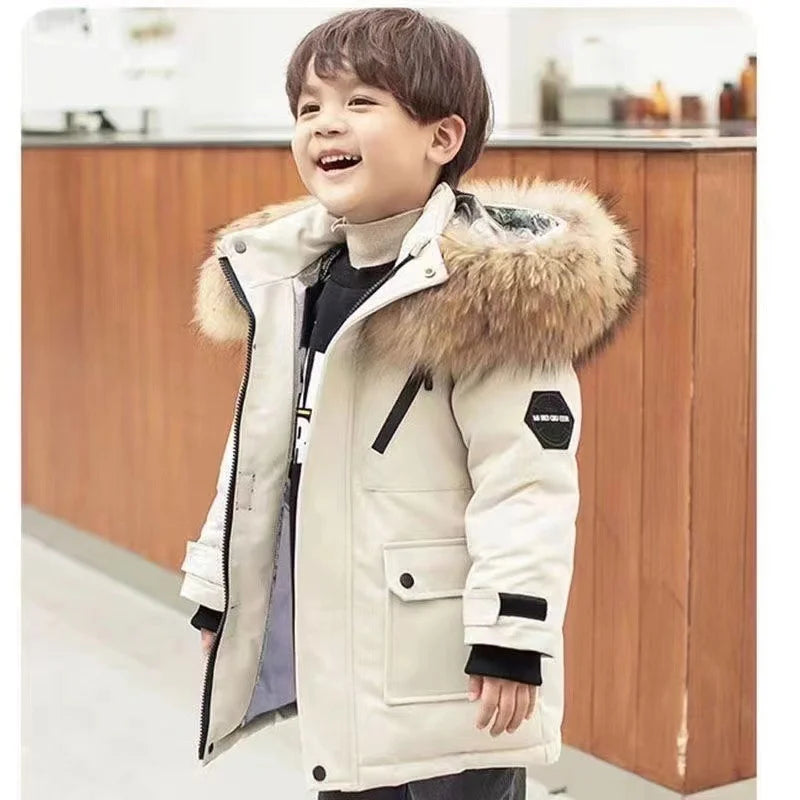 Chic thick plus velvet warm parka coat for kids, available in multiple sizes 120-160, the ultimate blend of fashion and functionality for cold winter days.